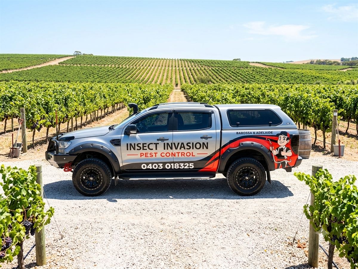 The Insect Invasion branded ute among the Barossa vineyards